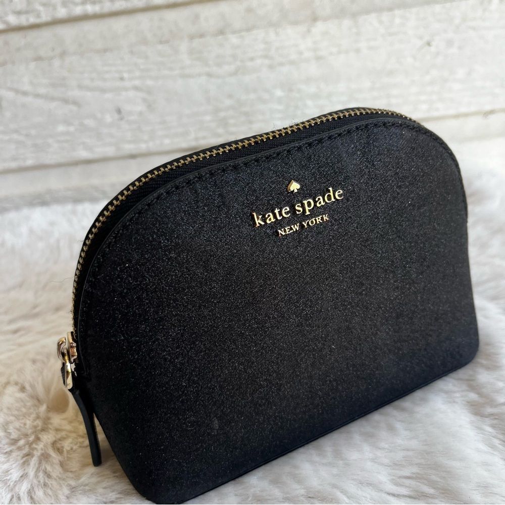 KATE SPADE Black Glitter Schuyler Small Dome Pouch Morgan Cosmetic Bag - Picture 2 of 8
